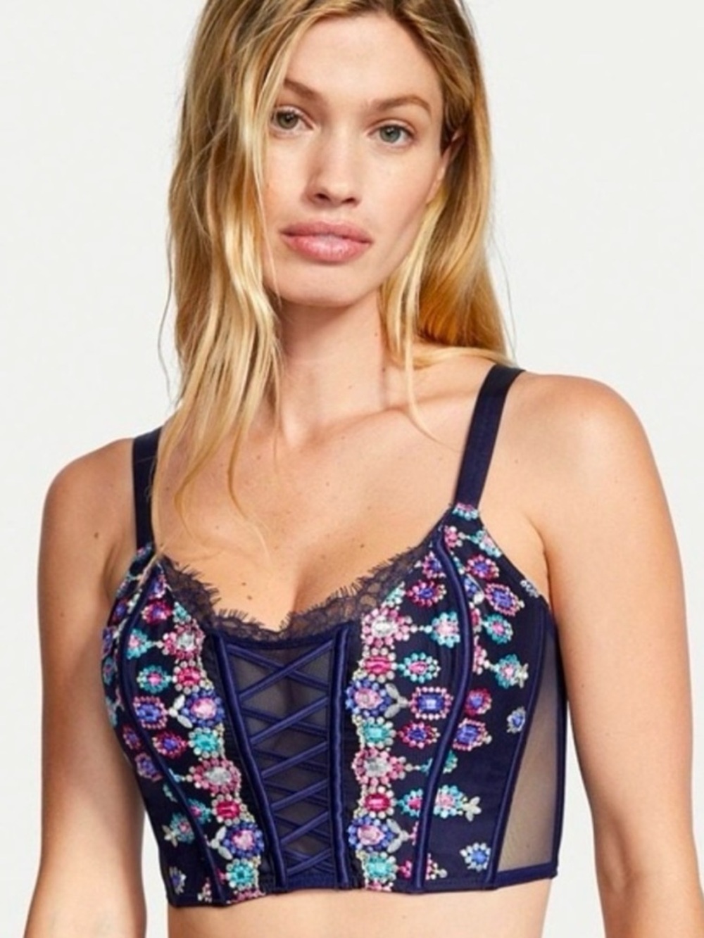 Victoria’s Secret Navy Floral Embroidered Longline Bralette Top L NWT